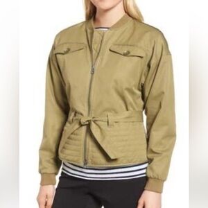 Nordstom Signature Khaki Olive Bomber Belted Quilted jacket 💯 cotton size XL